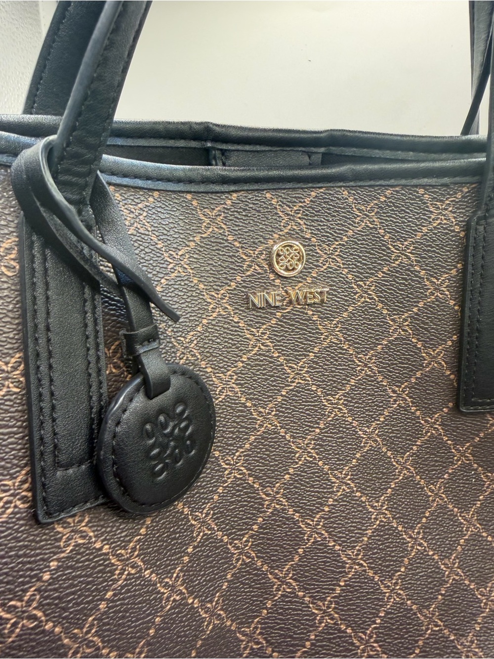 Nine West Brown Monogram Tote Bag Large Shoulder Purse - Picture 2 of 6